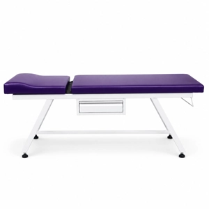 تخت معاینه یک کشو مدل ایفل Eiffel-Mk1 با رویه بنفش و پایه فلزی سفید زاویه‌دار