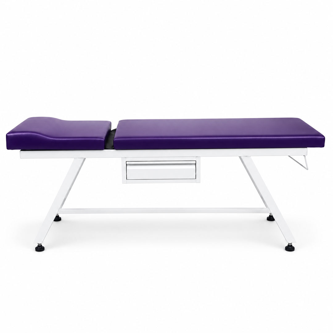 تخت معاینه یک کشو مدل ایفل Eiffel-Mk1 با رویه بنفش و پایه فلزی سفید زاویه‌دار